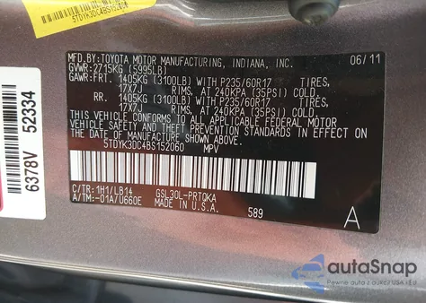 2011 Toyota Sienna Xle V6 z USA, uszkodzony, nr VIN 5TDYK3DC4BS152060